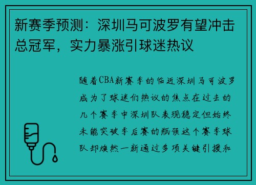 新赛季预测：深圳马可波罗有望冲击总冠军，实力暴涨引球迷热议